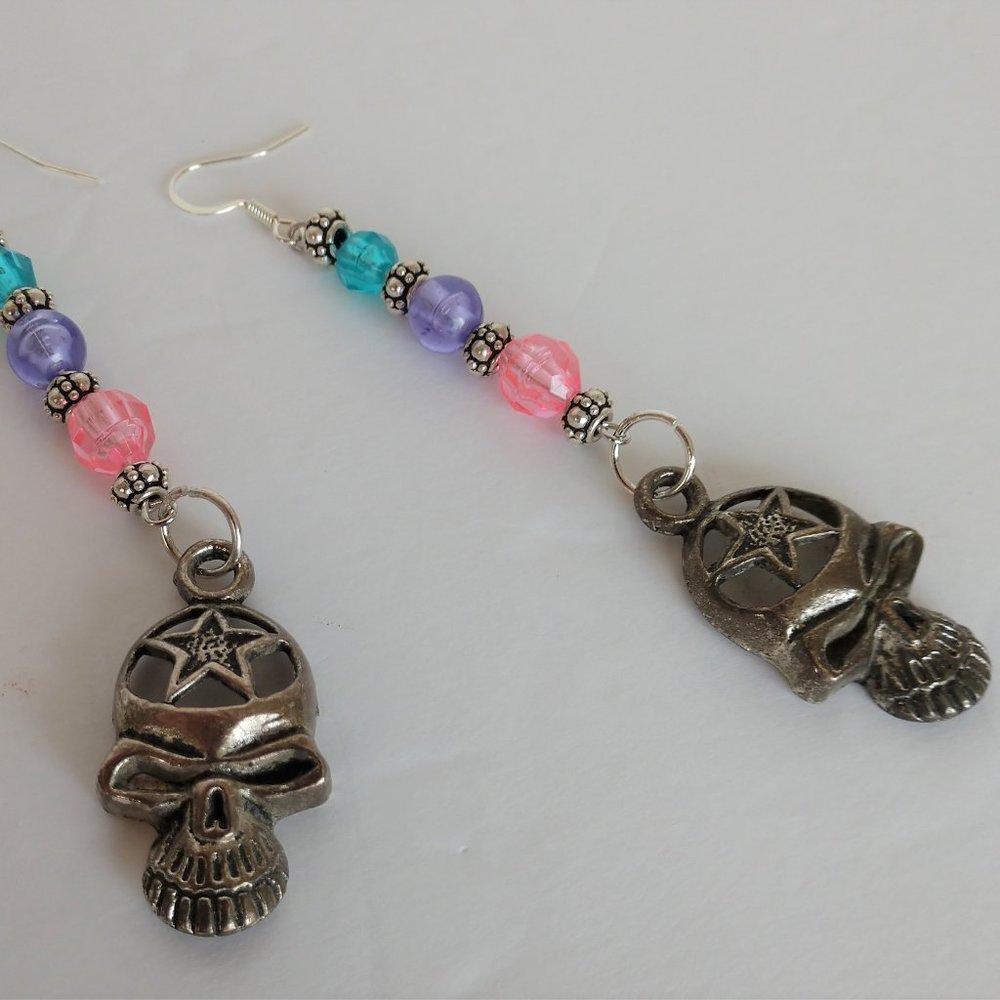 Handmade Beaded Skull Earrings For Dia De Los Muertos Silver Blue Pink Purple